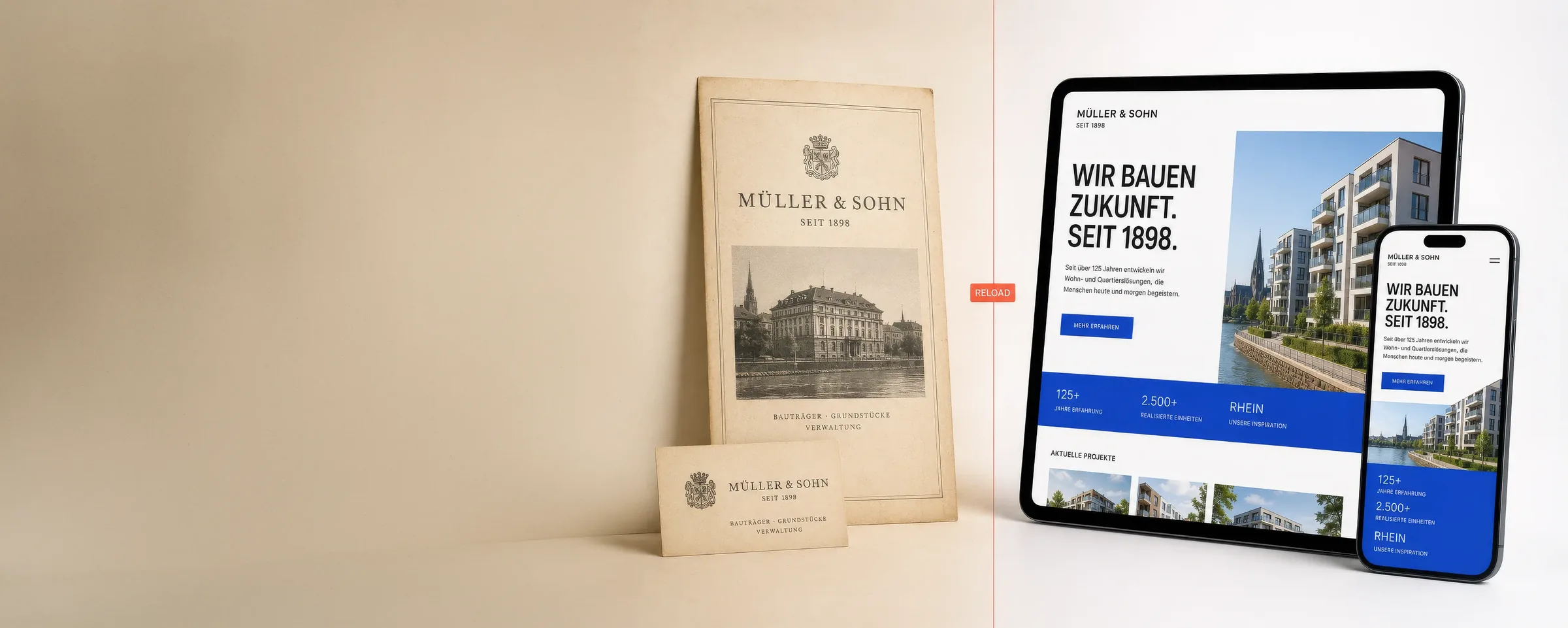 Alter Firmenprospekt eines Bauträgers neben demselben Auftritt als moderne Website auf Tablet und Smartphone