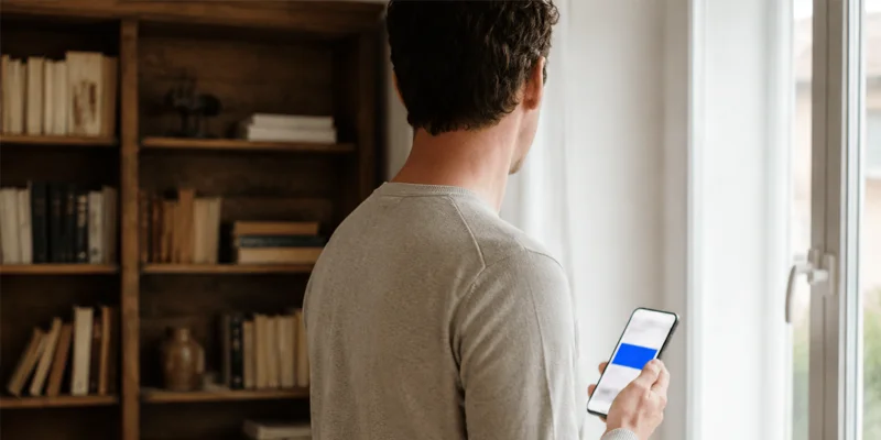 Person am Fenster mit Smartphone, im Hintergrund ein Bücherregal aus dunklem Holz