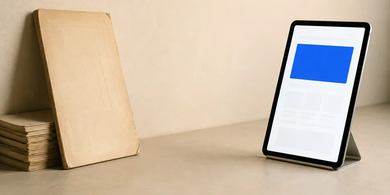Vergilbte Firmenbroschüre neben einem Tablet mit neuer Website auf beigem Untergrund