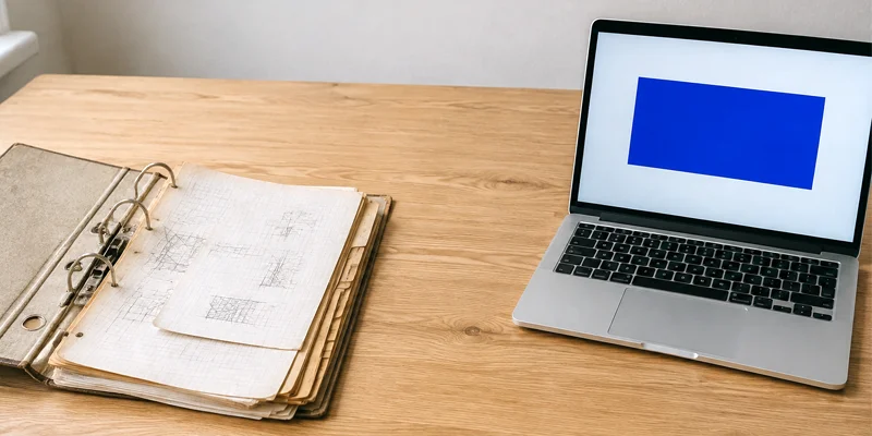 Aufgeschlagener alter Ordner mit Bauzeichnungen neben einem Notebook auf einem Holztisch