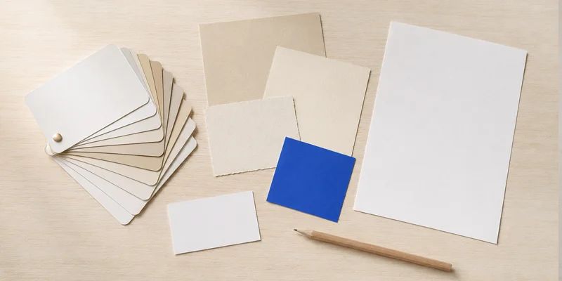 Farbfächer, unbedruckte Papiermuster, Visitenkarte und Bleistift auf einem hellen Holztisch